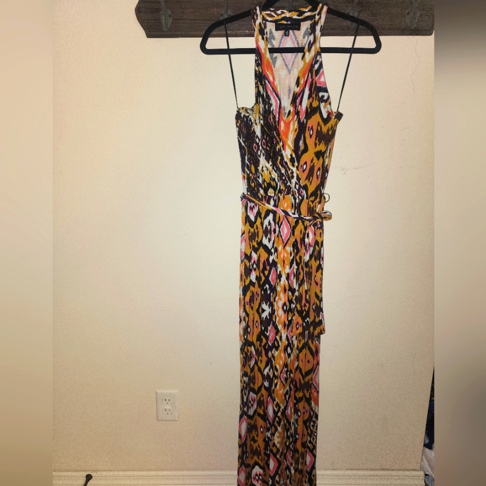 Liquid New York Gold Mustard Yellow Geometric Print Maxi Dress w Slit 💛 Medium